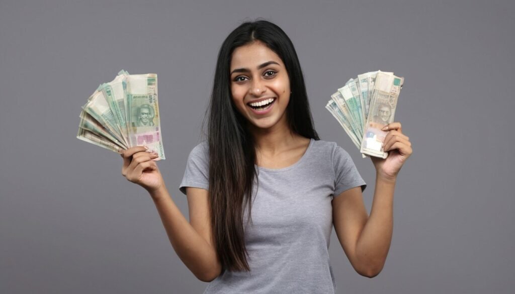 portrait of a cheerful young woman holding indian