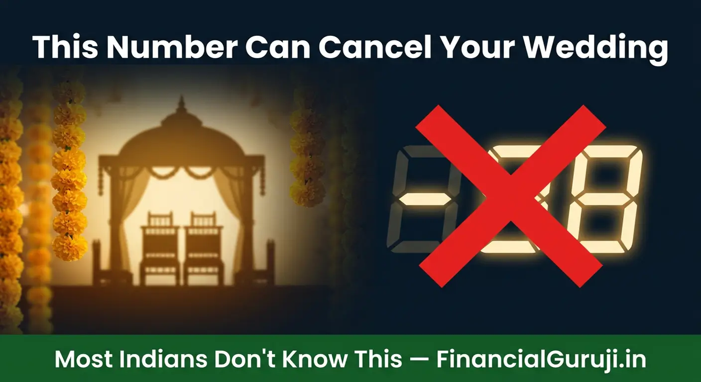 Emotional thumbnail showing wedding decorations fading next to hidden credit score number representing how low CIBIL score cancelled a Maharashtra wedding and impacts marriage home loan and job in India 2026