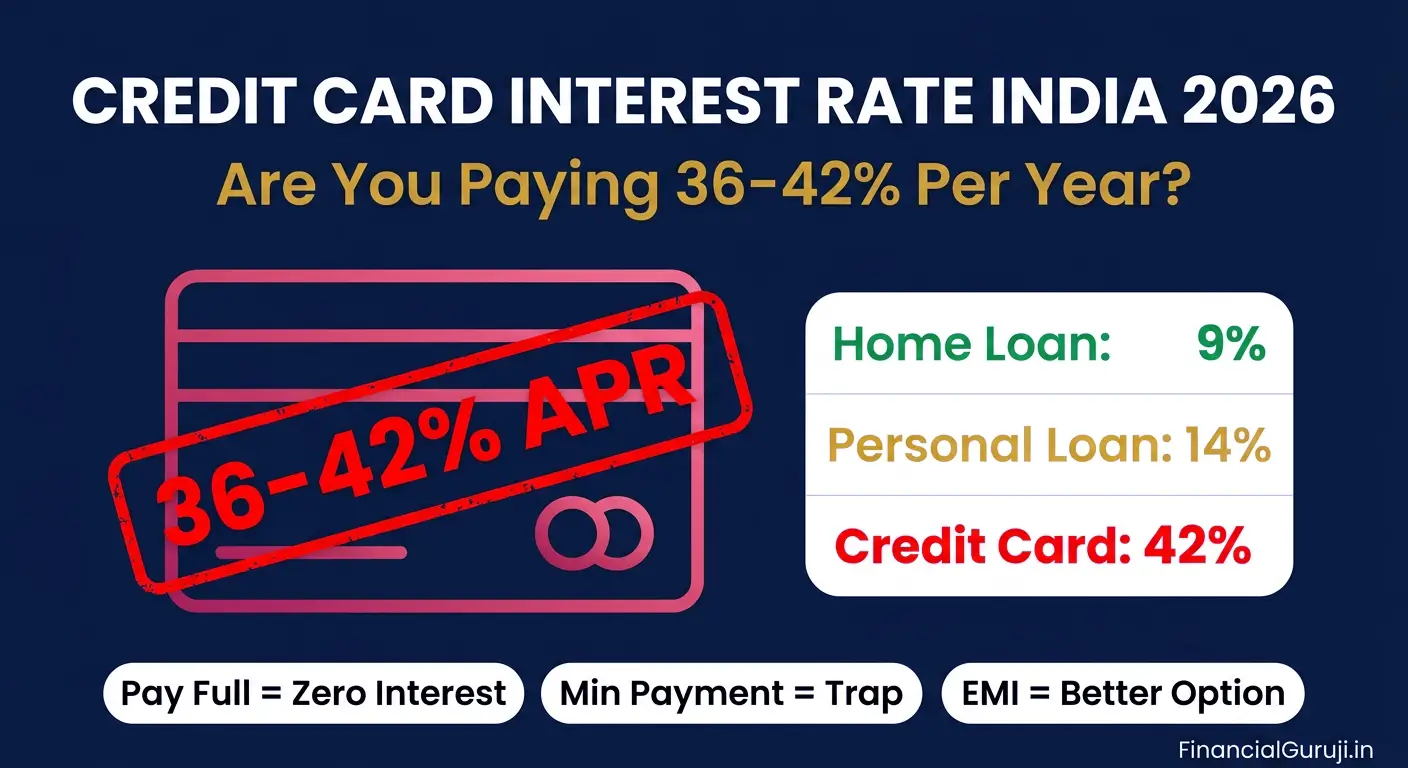 Credit card interest rate India 2026 — warning graphic showing 36 to 42 percent annual APR on credit card outstanding balance with minimum payment trap calculation and how to avoid credit card interest charges