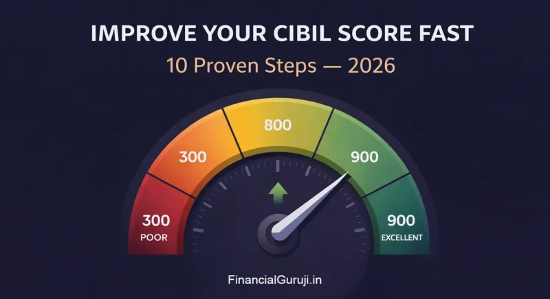 How to improve CIBIL score fast in 2026 — credit score gauge showing needle moving from red zone 600 to green zone 800, with 10 proven steps for credit score improvement in India