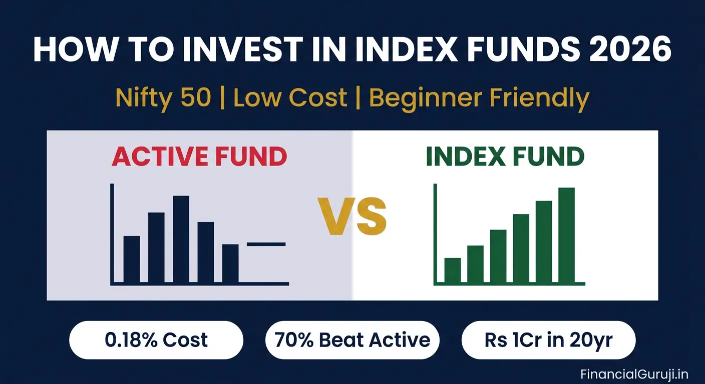 How to invest in index funds in India 2026 — beginner guide showing Nifty 50 index fund SIP growth chart comparing index fund vs active mutual fund returns and expense ratio
