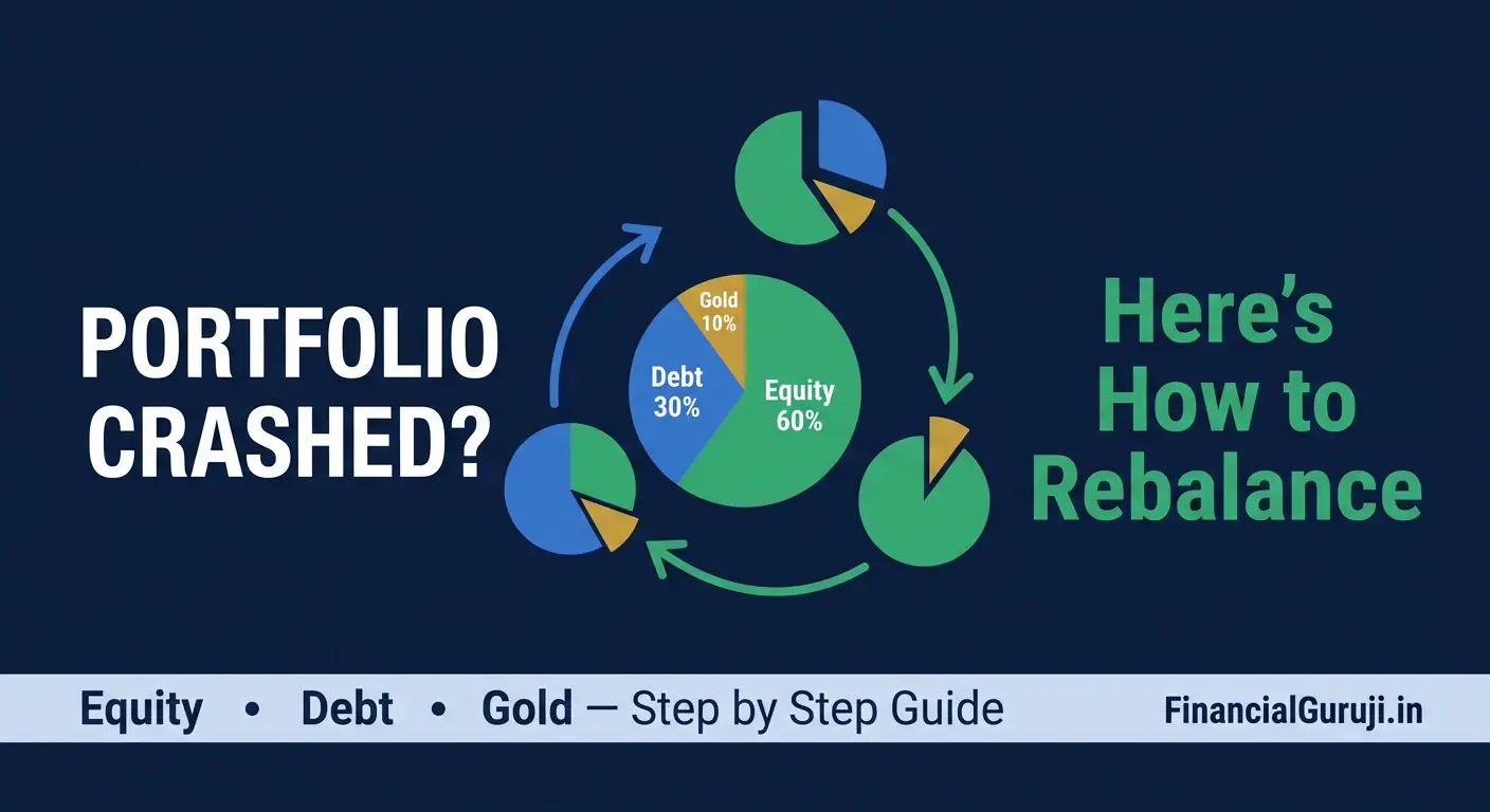 Portfolio rebalancing guide India 2026 showing equity debt gold allocation chart with rebalancing steps during Nifty market crash due to Iran war and Trump tariffs