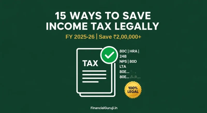 How to save income tax in India FY 2025-26 — infographic showing 15 legal tax saving ways including Section 80C ELSS PPF NPS HRA home loan deductions with maximum savings of Rs 2 lakh