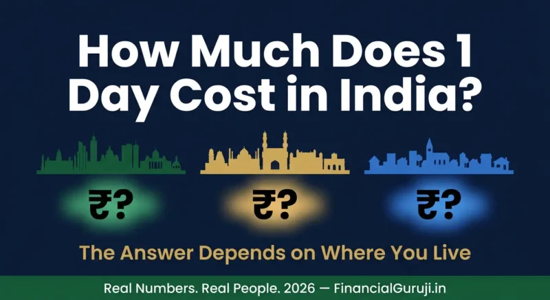 Infographic showing daily cost of living in India 2026 comparing Bengaluru fresher at Rs 747 per day Hyderabad couple at Rs 1355 per day and Tier 2 city employee at Rs 1263 per day with expense breakdown