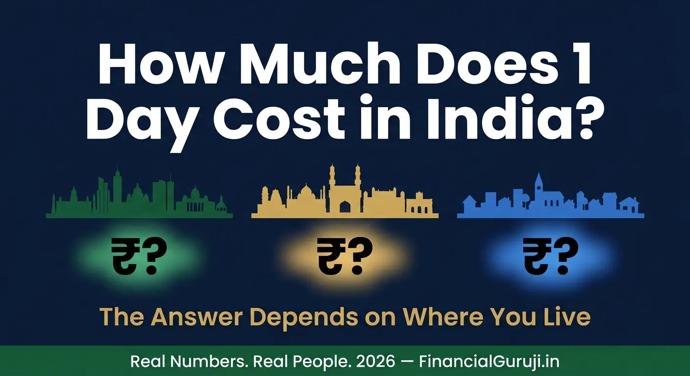 Infographic showing daily cost of living in India 2026 comparing Bengaluru fresher at Rs 747 per day Hyderabad couple at Rs 1355 per day and Tier 2 city employee at Rs 1263 per day with expense breakdown
