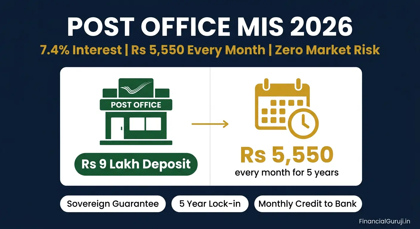 Post Office MIS interest rate 2026 — monthly income scheme showing 7.4 percent annual return Rs 5550 per month from Rs 9 lakh investment with sovereign guarantee and POMIS rules for retirees