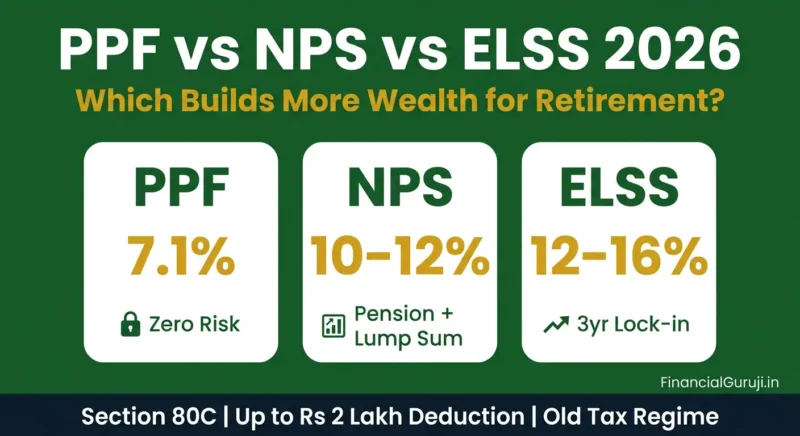 PPF vs NPS vs ELSS comparison 2026 — three-column chart showing returns lock-in period tax benefits and retirement suitability of PPF at 7.1 percent NPS at 10-12 percent and ELSS at 12-16 percent CAGR