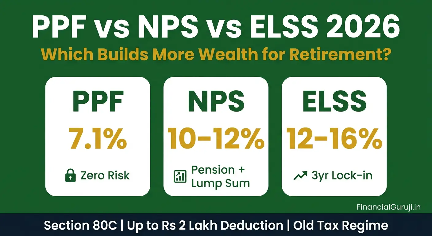 PPF vs NPS vs ELSS comparison 2026 — three-column chart showing returns lock-in period tax benefits and retirement suitability of PPF at 7.1 percent NPS at 10-12 percent and ELSS at 12-16 percent CAGR