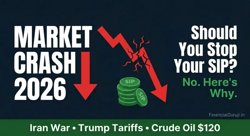 Stock market crash 2026 India — red graph falling due to Iran war and Trump tariffs with SIP investment standing firm, showing why long-term investors should not stop SIP during market crash