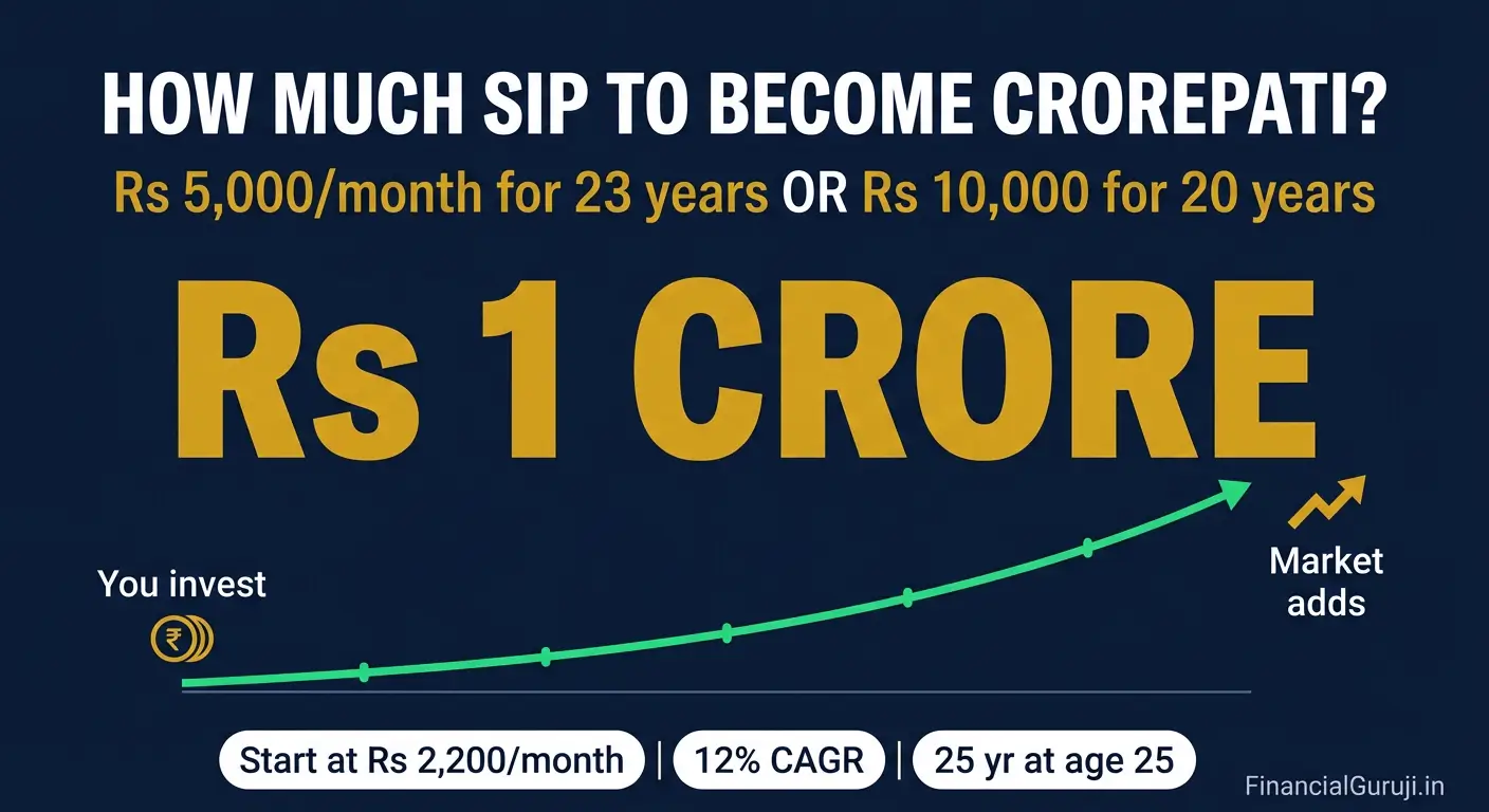 How much SIP per month to become crorepati in India 2026 — chart showing Rs 5000 SIP for 23 years and Rs 10000 SIP for 20 years reaching Rs 1 crore through compounding at 12 percent CAGR