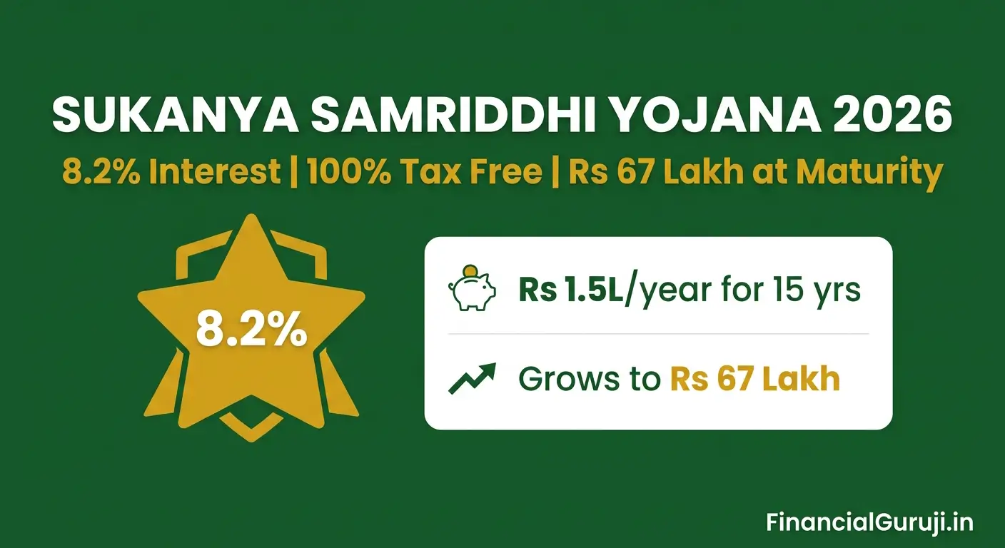 Sukanya Samriddhi Yojana 2026 complete guide — showing SSY interest rate 8.2 percent maturity amount calculation Rs 67 lakh from Rs 22 lakh invested and account opening rules for girl child below 10 years