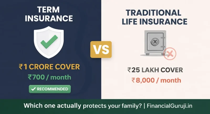 Term insurance vs life insurance India 2026 comparison — split screen showing term plan with ₹1 crore cover at ₹700 per month versus traditional life insurance with ₹25 lakh cover at ₹8000 per month