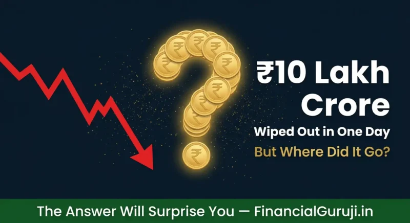 Infographic showing where money goes when Indian stock market crashes with red falling graph and gold rupee question mark explaining paper wealth versus real cash for Indian investors 2026