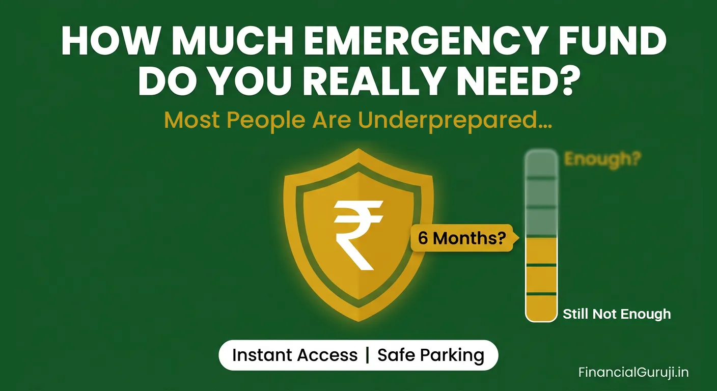 How to build emergency fund in India 2026 — infographic showing 6 months expenses target amount by salary level and best places to keep emergency fund including liquid mutual fund and sweep-in FD